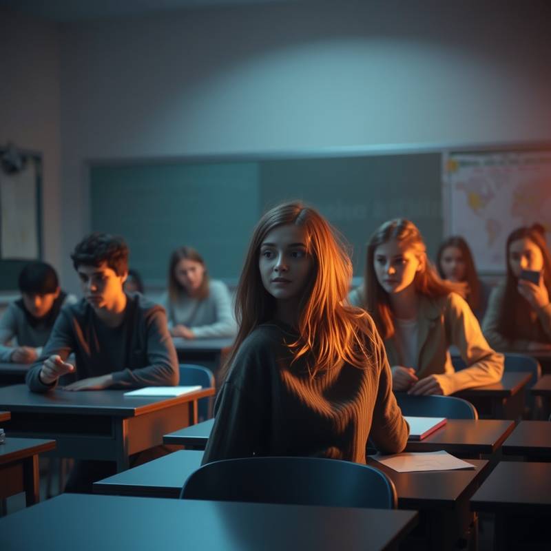 Estudiantes actuando una escena dramática en un aula.