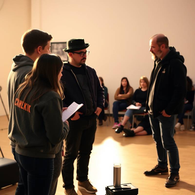 Estudiantes recibiendo retroalimentación constructiva del profesor durante una sesión de ensayo.