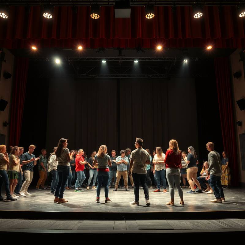 Estudiantes representando una obra de teatro en un escenario.