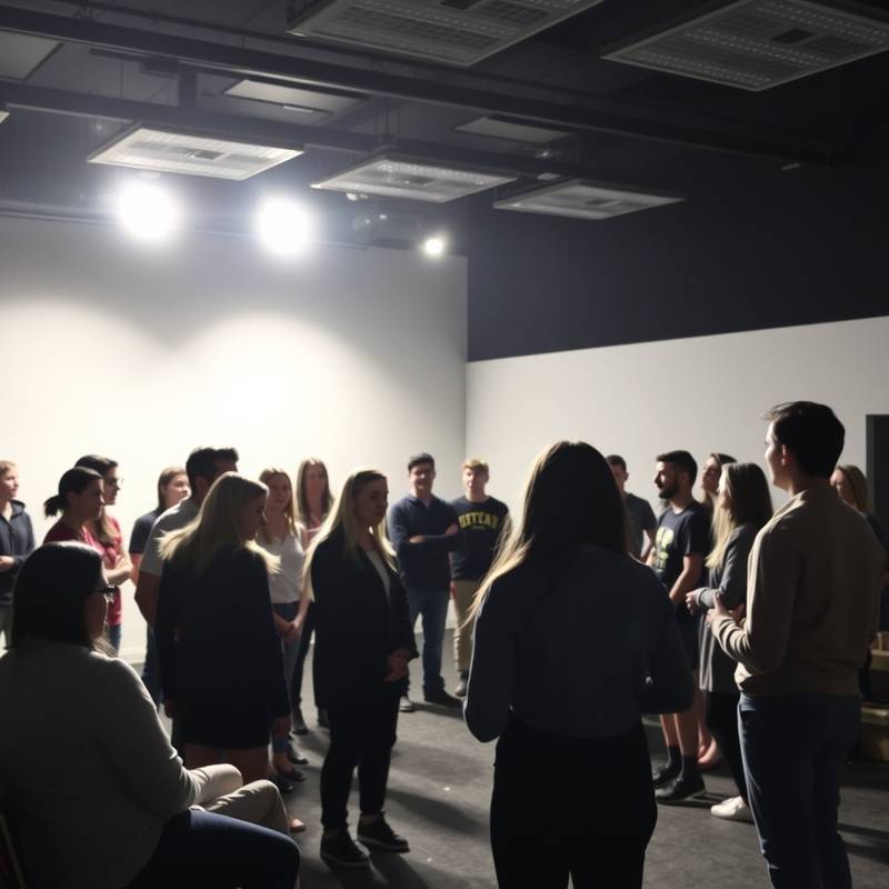 Estudiantes tomando una clase de actuación donde ensayan una escena dramática.