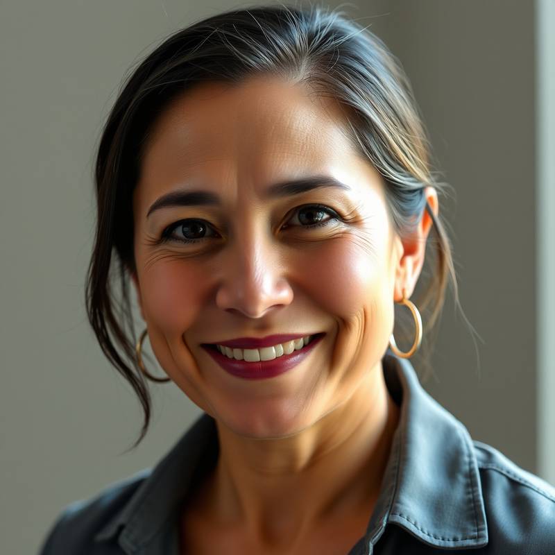 Retrato de una profesora de actuación, Ana Martinez, con una sonrisa acogedora y un aura de profesionalismo.