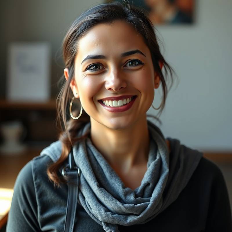 Retrato de una profesora de actuación, Elena Vargas, con una sonrisa amigable.