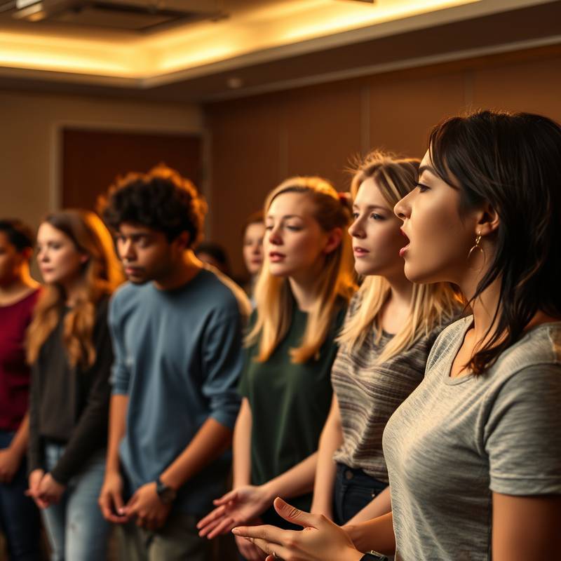 Una clase de actuación donde los estudiantes están aprendiendo sobre la técnica vocal y la dicción.